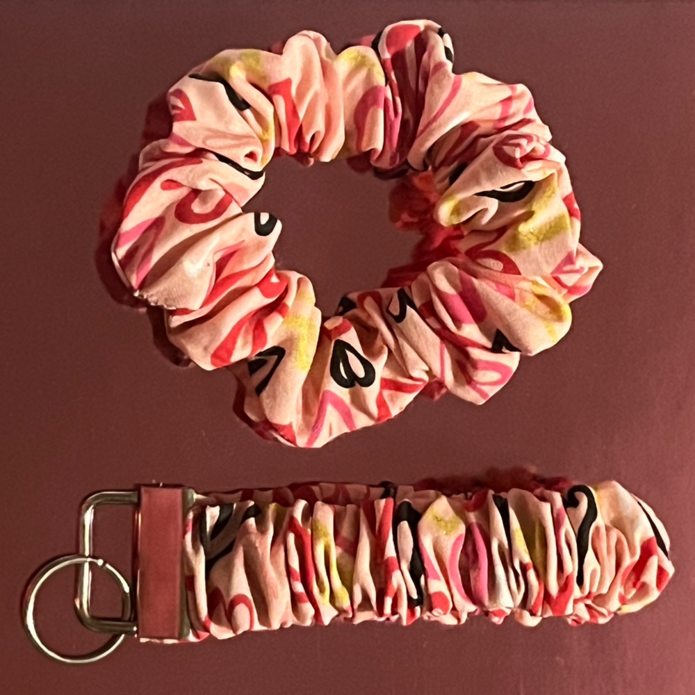 Handmade scrunchie and keychain wristlet.